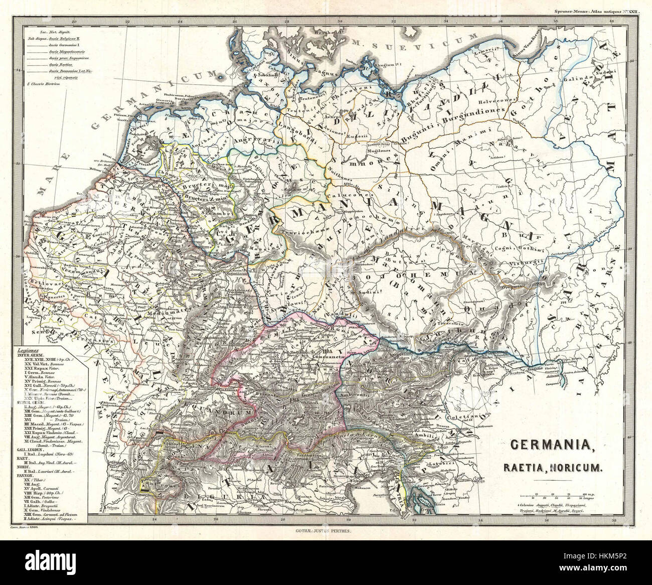 Questa mappa Spruner del 1865 della Germania nell'antichità illustra la geografia dell'antica Germania, mostrando i confini delle tribù e delle regioni storiche durante l'influenza dell'Impero Romano sull'area. Foto Stock