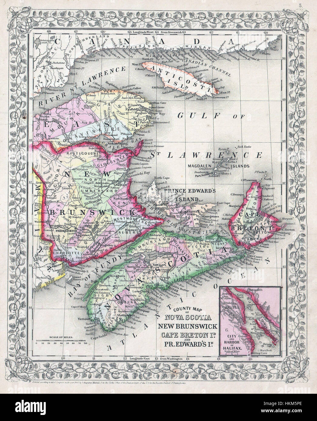 Una mappa storica del 1866 di Mitchell raffigurante le province del nuovo Brunswick e della nuova Scozia in Canada. La mappa evidenzia le principali caratteristiche geografiche e insediamenti della regione durante il XIX secolo. Foto Stock