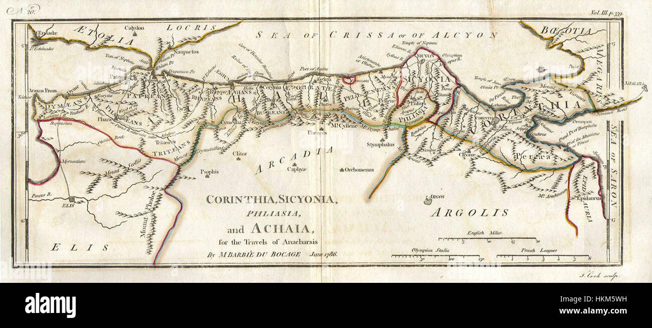 Questa mappa del 1786 di Bocage raffigura le antiche regioni greche di Corinzia, Sicia e Acaia. Serve come importante riferimento storico per comprendere la geografia dell'antica Grecia. Foto Stock