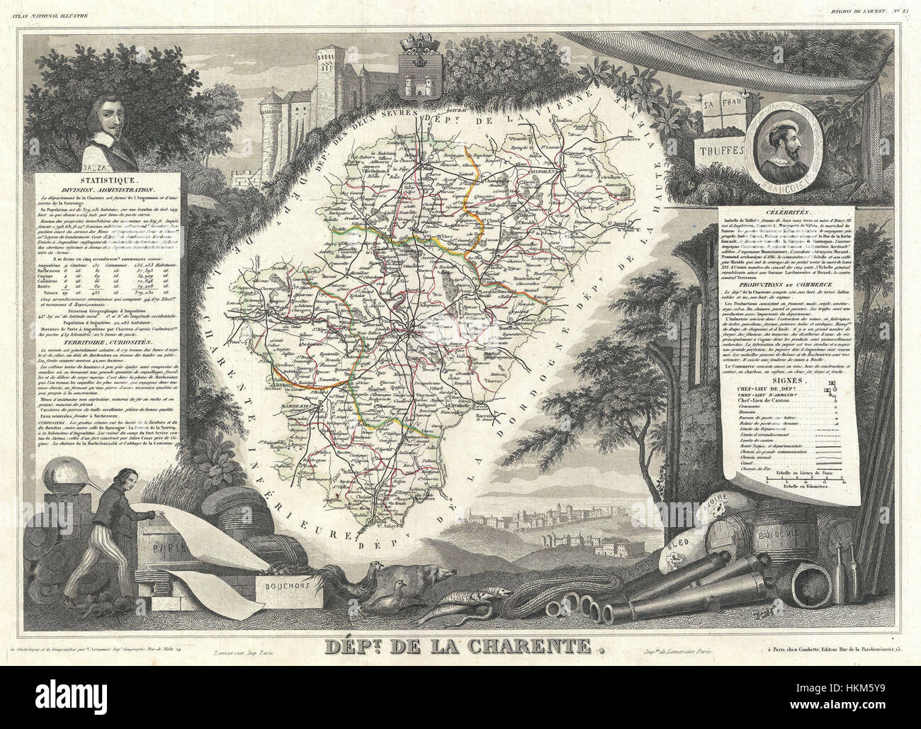Questa mappa di Levasseur del 1852 di la Charente, in Francia, mostra la disposizione geografica della regione, evidenziando aree come le regioni vinicole di Cognac e Pineau. La mappa è un prezioso documento storico che riflette l'importanza geografica ed economica dell'area durante il XIX secolo. Foto Stock