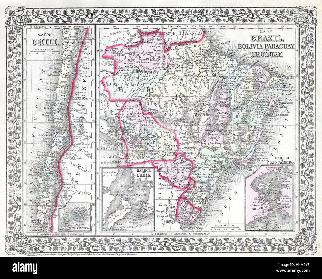 La Mappa Mitchell del Sud America del 1874 descrive in dettaglio i confini politici di paesi come Brasile, Bolivia, Paraguay, Uruguay e Cile. Questa mappa fornisce informazioni sul paesaggio geopolitico del continente durante la fine del XIX secolo. Foto Stock