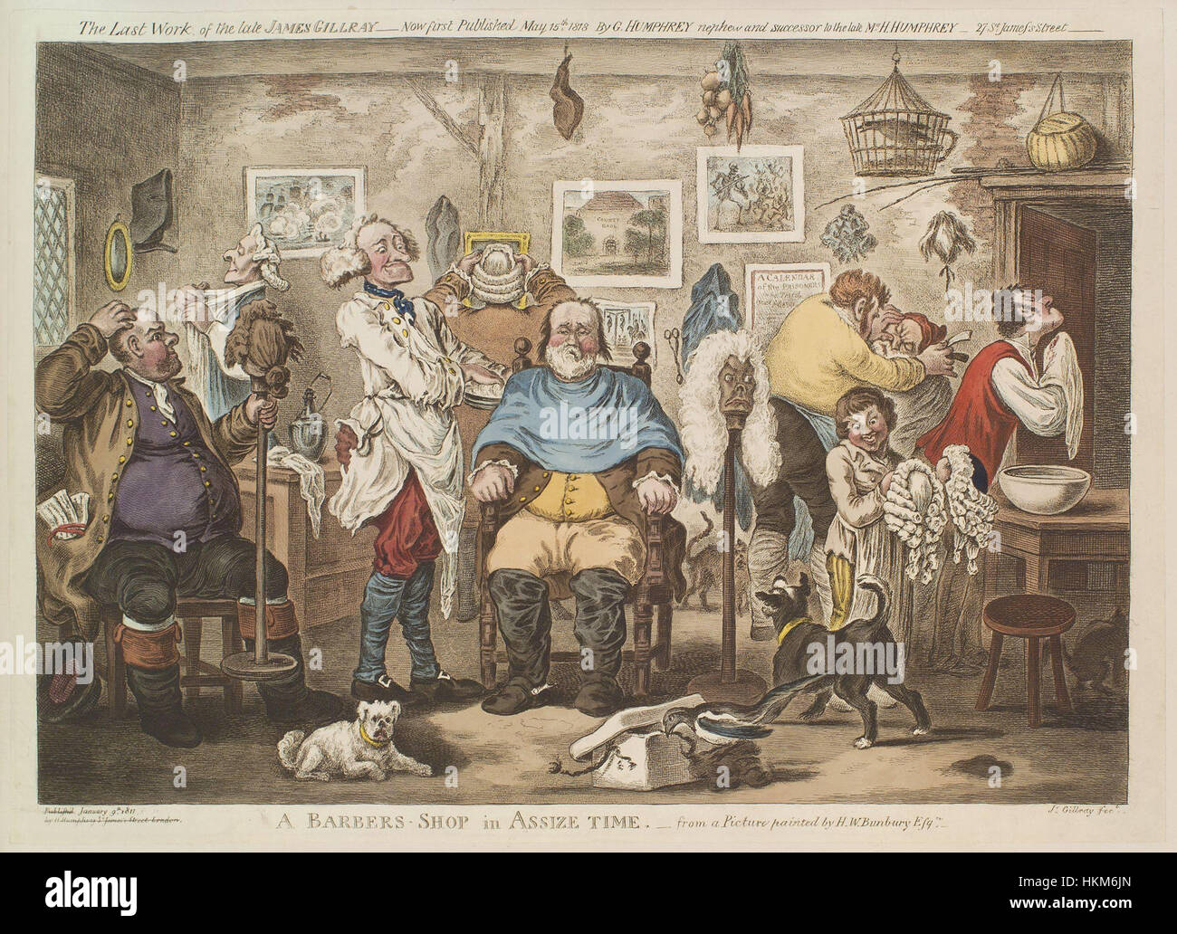 *Un barbiere in Assize Time* di Henry William Bunbury è un disegno satirico che raffigura un barbiere del XIX secolo, che mostra umorismo e commenti sociali dell'epoca. Foto Stock