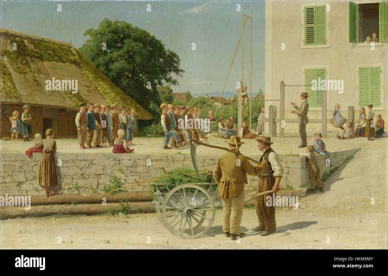 Questo dipinto dell'artista svizzero Albert Anker, intitolato 'Turnstunde in Ins' (1879), raffigura un gruppo di bambini impegnati in una lezione in una scuola rurale. L'opera mette in luce la vita tranquilla e semplice delle comunità svizzere alla fine del XIX secolo, con particolare attenzione all'educazione e all'infanzia. Foto Stock