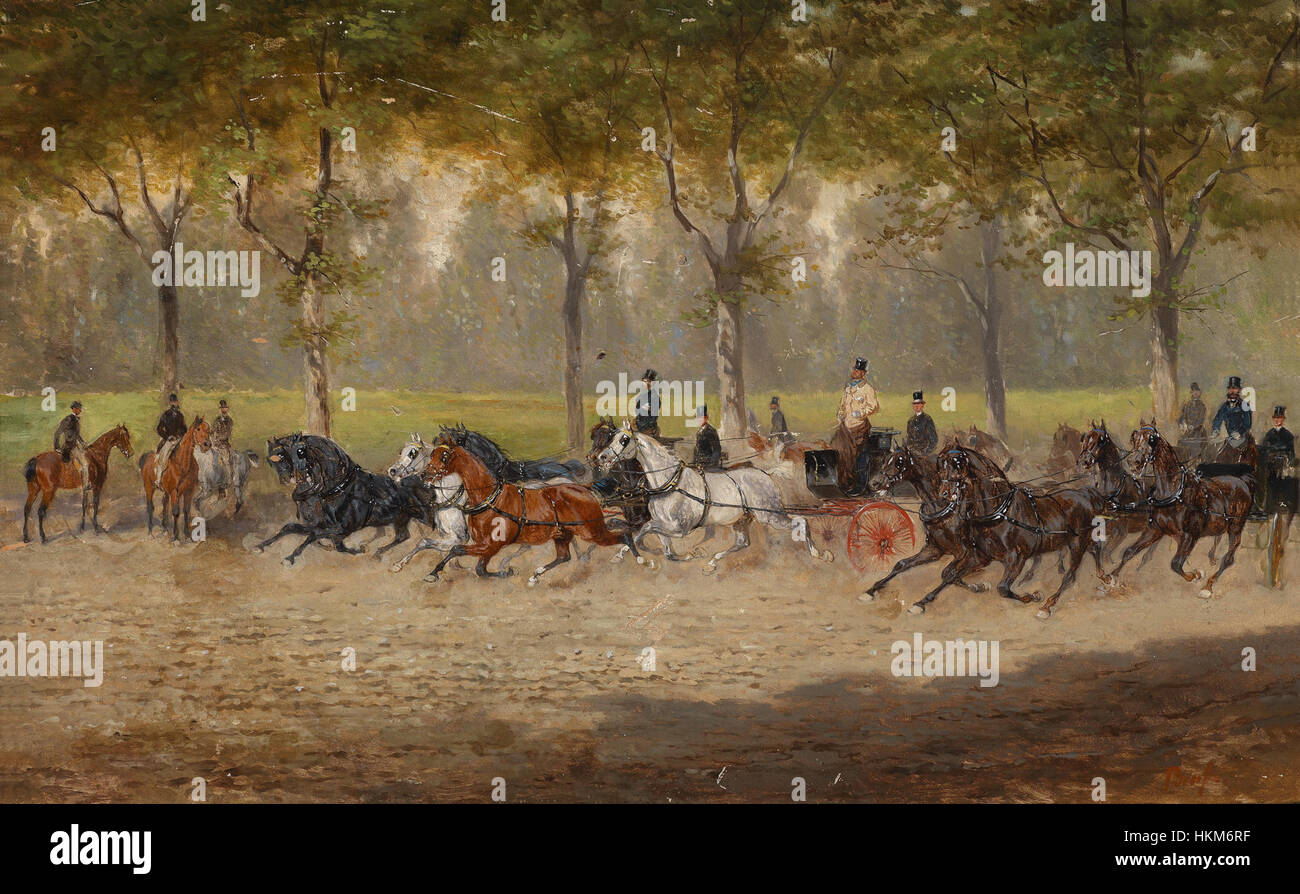 Un dipinto ad olio di Alexander von Bensa intitolato "Kutschenrennen", raffigurante una corsa in carrozza trainata da cavalli. Le opere d'arte catturano l'eccitazione e il movimento della scena delle corse in carrozza del XIX secolo. Foto Stock