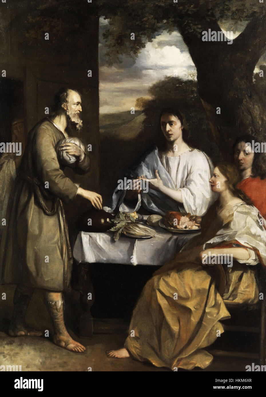 Questo dipinto di Alonso del Arco ritrae la scena biblica di Abramo che ospita tre angeli, una famosa storia dell'Antico Testamento. L'opera mostra l'abilità dell'artista nella narrazione religiosa e nello stile barocco. Foto Stock