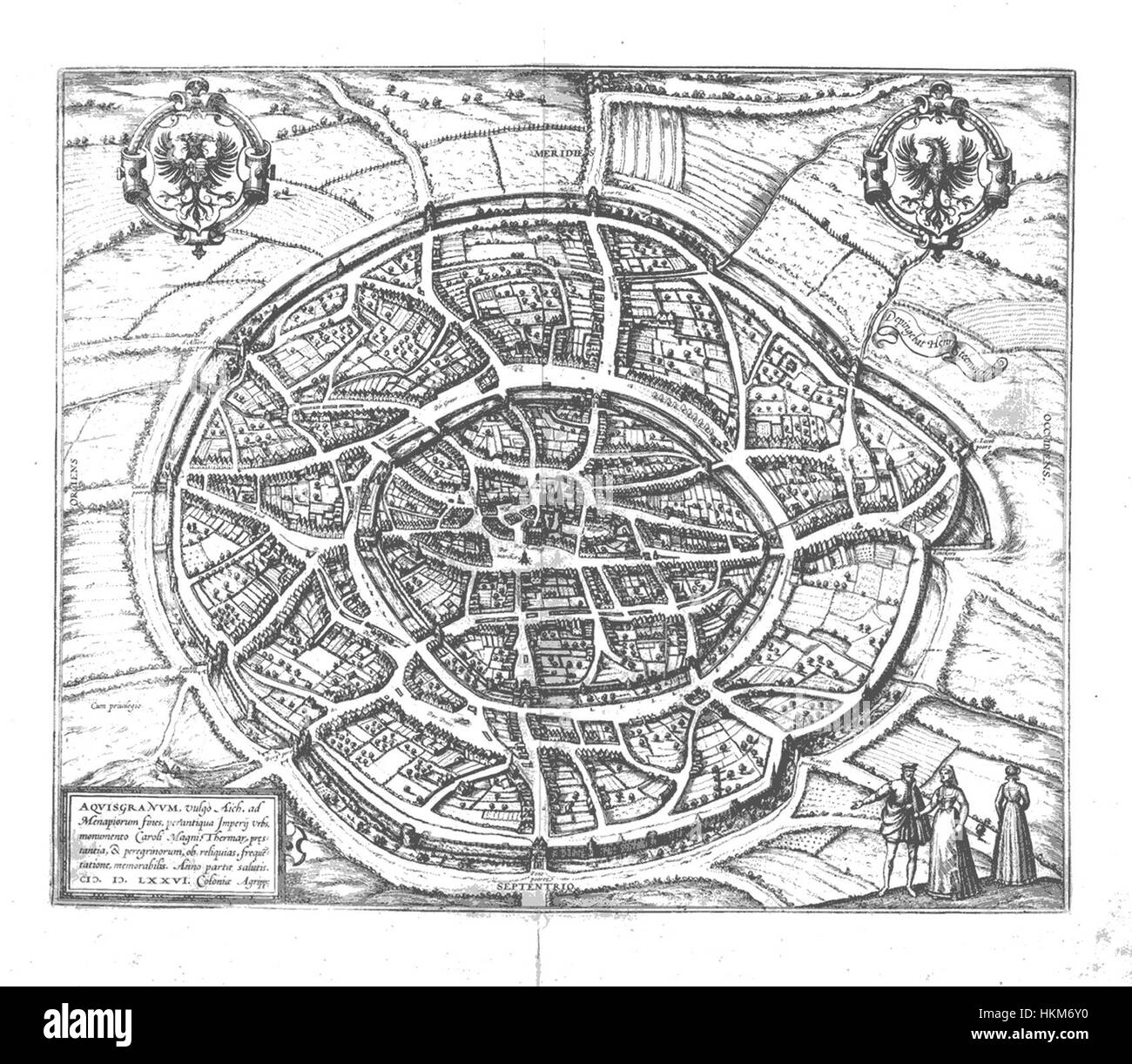 Una rappresentazione del 1576 di Aquisgrana, che mostra un dettagliato paesaggio urbano dell'area durante il tardo Rinascimento. L'opera d'arte di Steenwijk offre una vista del paesaggio architettonico e urbano del periodo. Foto Stock