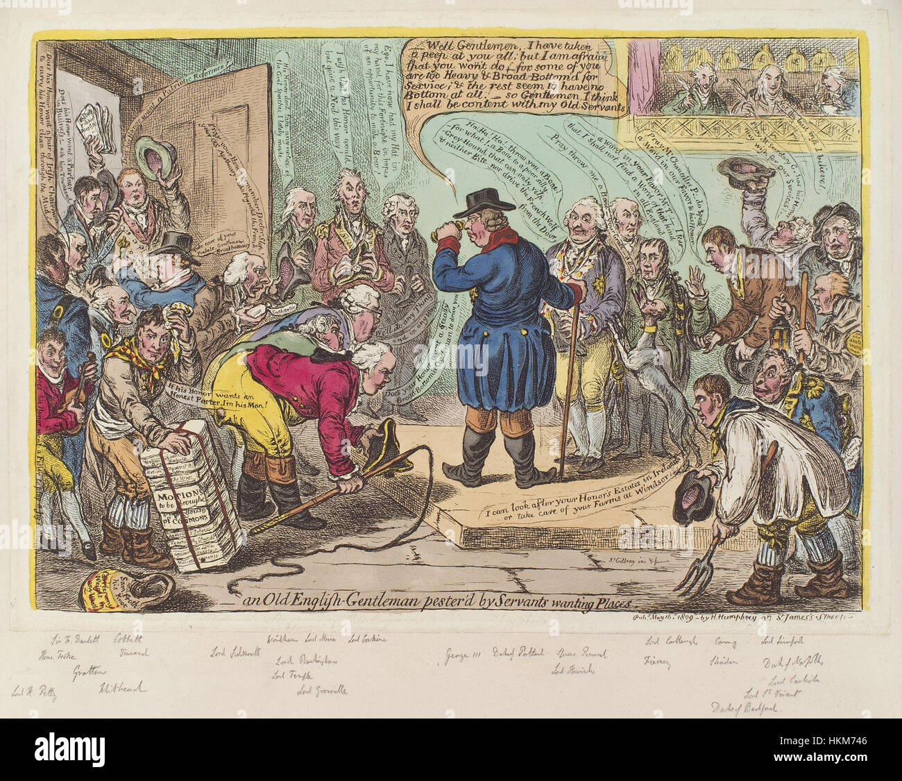Questo cartone satirico di James Gillray raffigura un anziano gentiluomo inglese sopraffatto dai suoi servi, che stanno lottando per posizioni nella sua casa. L'immagine critica umoristicamente le dinamiche sociali dell'aristocrazia britannica nel XVIII secolo. Foto Stock