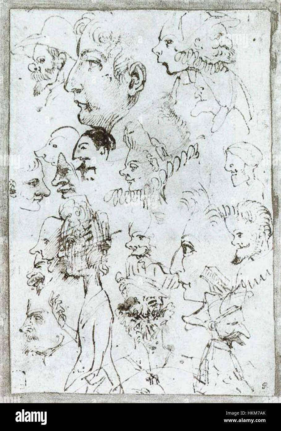 Il "Foglio di caricature" di Annibale Carracci dimostra la sua abilità nel ritrarre personaggi sia umoristici che esagerati. Gli schizzi catturano la forma umana con una distorsione giocosa, mettendo in mostra l'esperienza di Carracci in caricatura e arte espressiva. Foto Stock