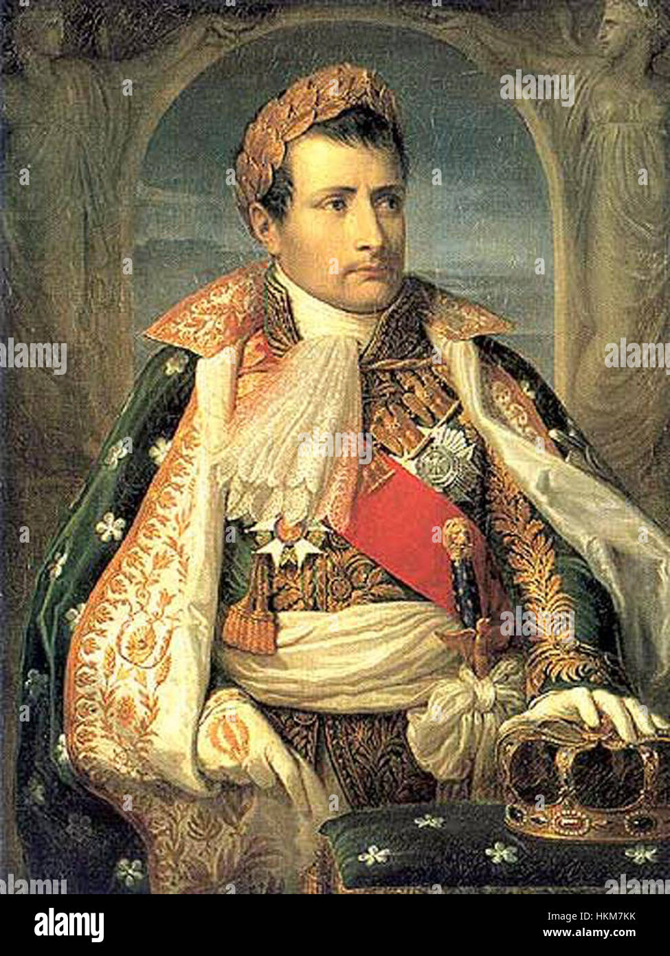 Il dipinto di Andrea Appiani "Napoleone, primo re d'Italia" ritrae Napoleone Bonaparte in abito regale, simboleggiando il suo regno come re d'Italia. L'opera evidenzia lo stile neoclassico dell'artista e le dinamiche di potenza della Francia napoleonica. Foto Stock