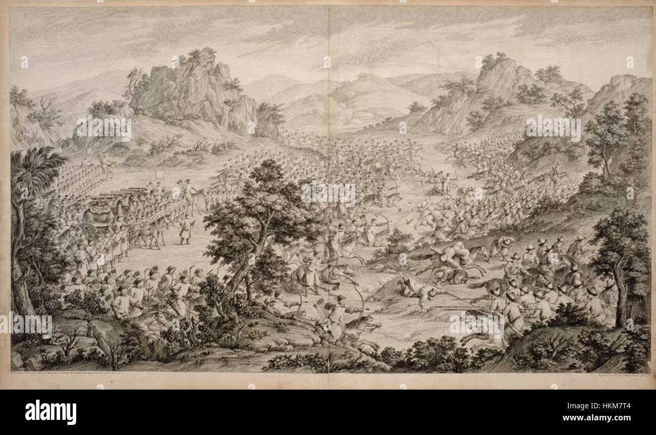 "La grande Vittoria a Qurman" incisa da Augustin de Saint-Aubin, creata nel 1770, raffigura una grande vittoria in battaglia. L'incisione cattura l'intensità drammatica della vittoria e il suo significato storico. Foto Stock