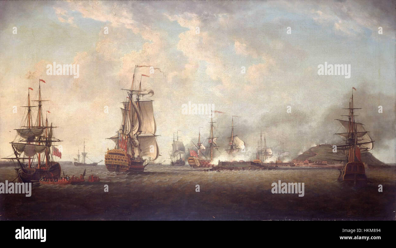 Il dipinto "Attack on Goree, 29 dicembre 1758" raffigura uno storico assalto navale all'isola senegalese di Gorée, un evento chiave nella Guerra dei sette anni. Foto Stock