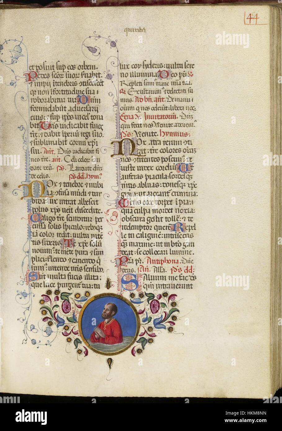 La *Leaf from Breviary* di Benedetto Bordon è uno splendido esempio di illuminazione dei manoscritti rinascimentali, che mostra immagini religiose dettagliate e scritte ornate. Il pezzo fa parte della collezione Walters, che illustra l'arte dei primi libri stampati. Foto Stock