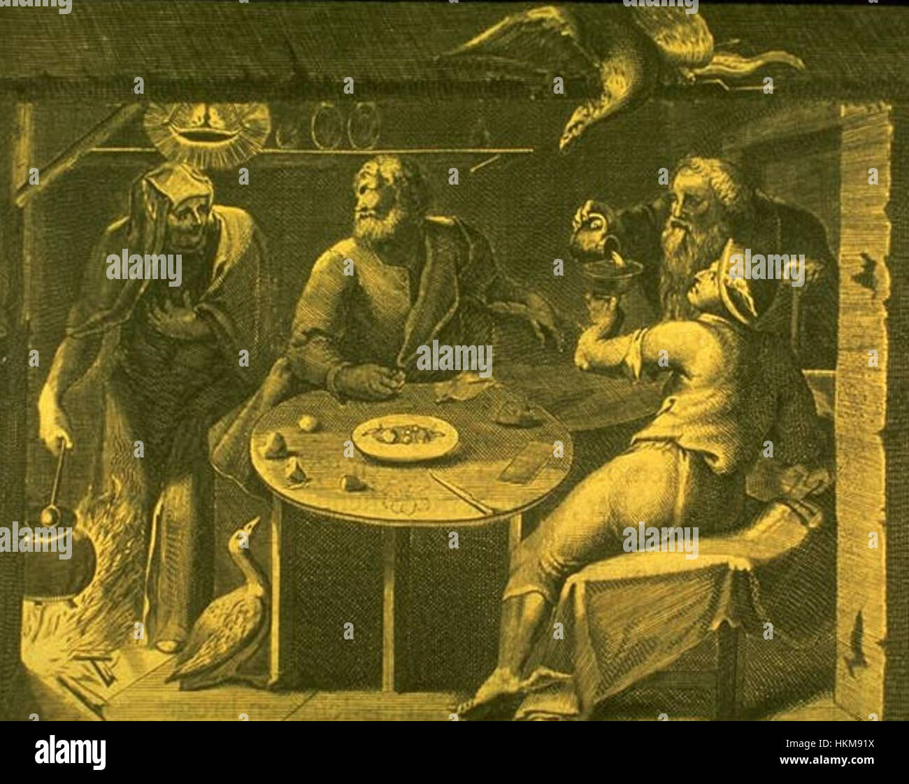 Il dipinto "Baucis e Filemone" illustra l'antico mito greco della coppia anziana che ospitò gli dei Giove e mercurio. L'opera cattura la loro umile ospitalità e la benedizione divina che hanno ricevuto, con un focus sul momento sereno e intimo del mito. Foto Stock