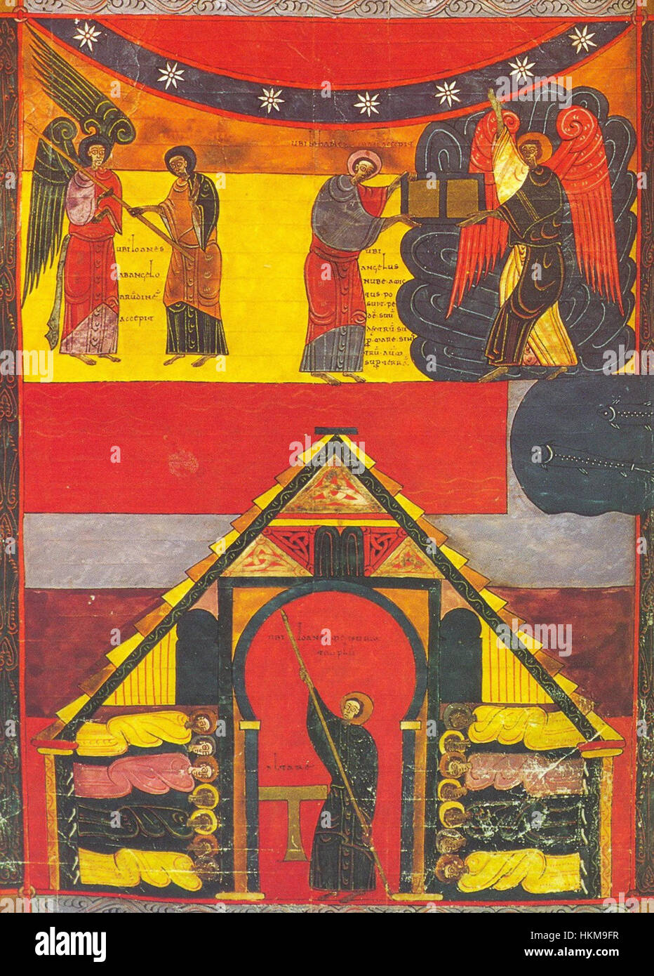 La pagina del manoscritto di B Facundus, con intricate illustrazioni religiose e calligrafia, riflette gli stili artistici medievali e la devozione religiosa del periodo. Foto Stock