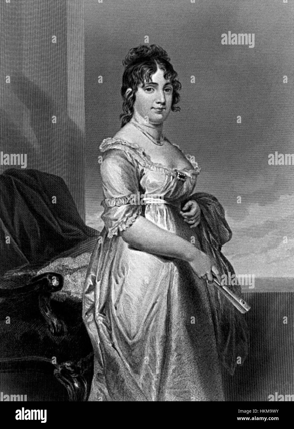 Questo ritratto di Dolley Madison, la moglie del quarto presidente degli Stati Uniti, James Madison, la raffigura come una figura chiave nella prima storia americana. Conosciuta per il suo ruolo di First Lady, è ricordata per la sua grazia sociale e la sua leadership durante i tempi tumultuosi nei primi Stati Uniti. Foto Stock