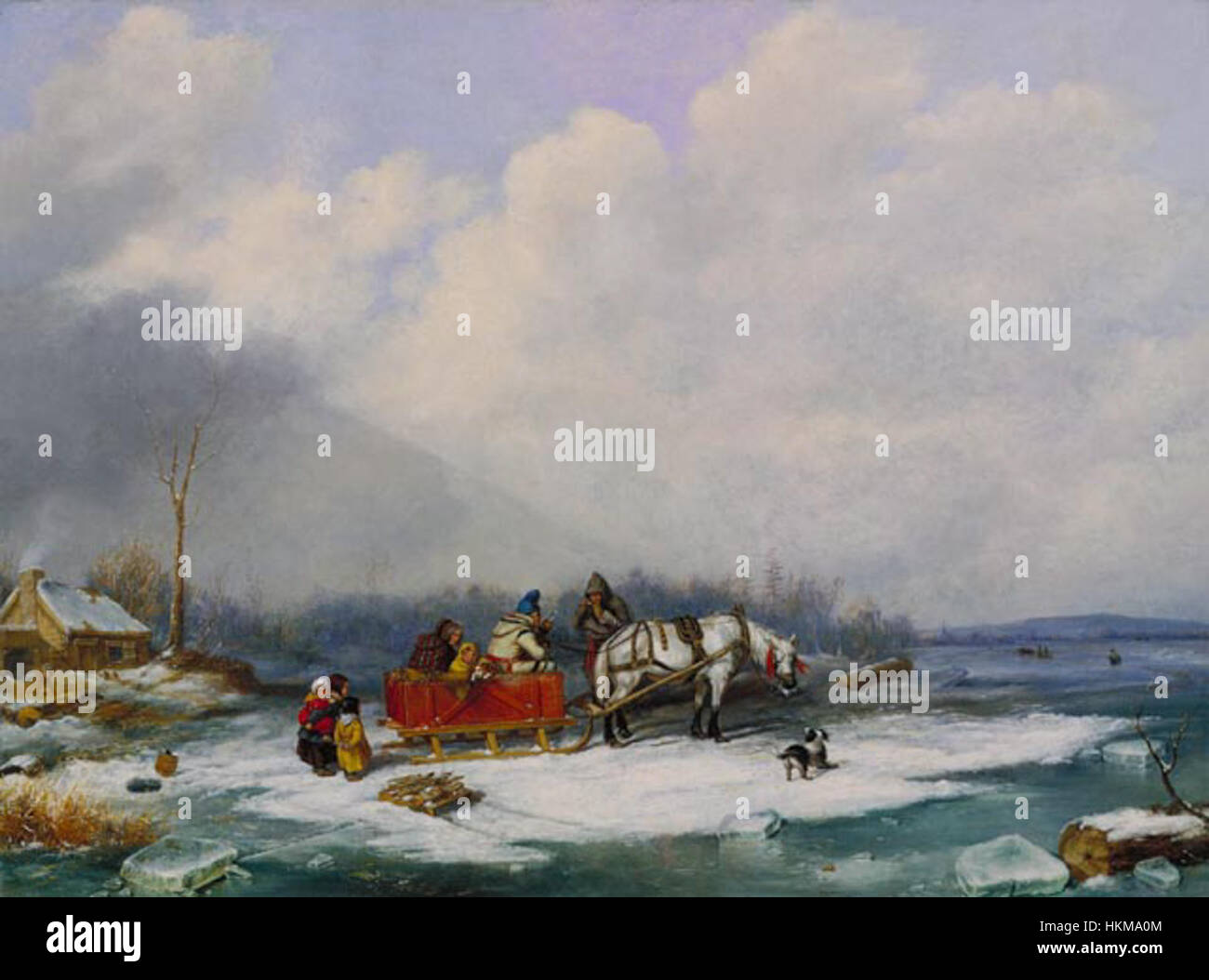 "Winter Landscape" (1849) di Cornelius Krieghoff raffigura una scena innevata con dettagli meticolosi, caratteristica della rappresentazione di Krieghoff degli inverni canadesi. Il dipinto misura 99 x 132,7 cm ed è parte della collezione della National Gallery of Canada. Foto Stock