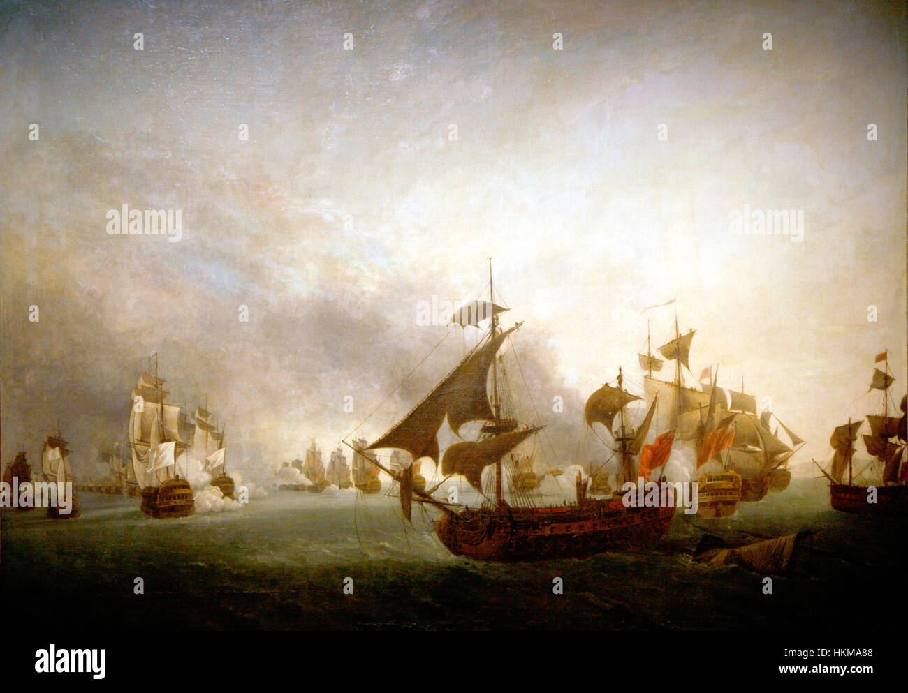 Questa opera d'arte commemora la battaglia di Grenada, un conflitto navale che ebbe luogo durante le guerre rivoluzionarie francesi. Il dipinto cattura gli intensi momenti della battaglia in mare, illustrando la guerra navale del XVIII secolo. Foto Stock