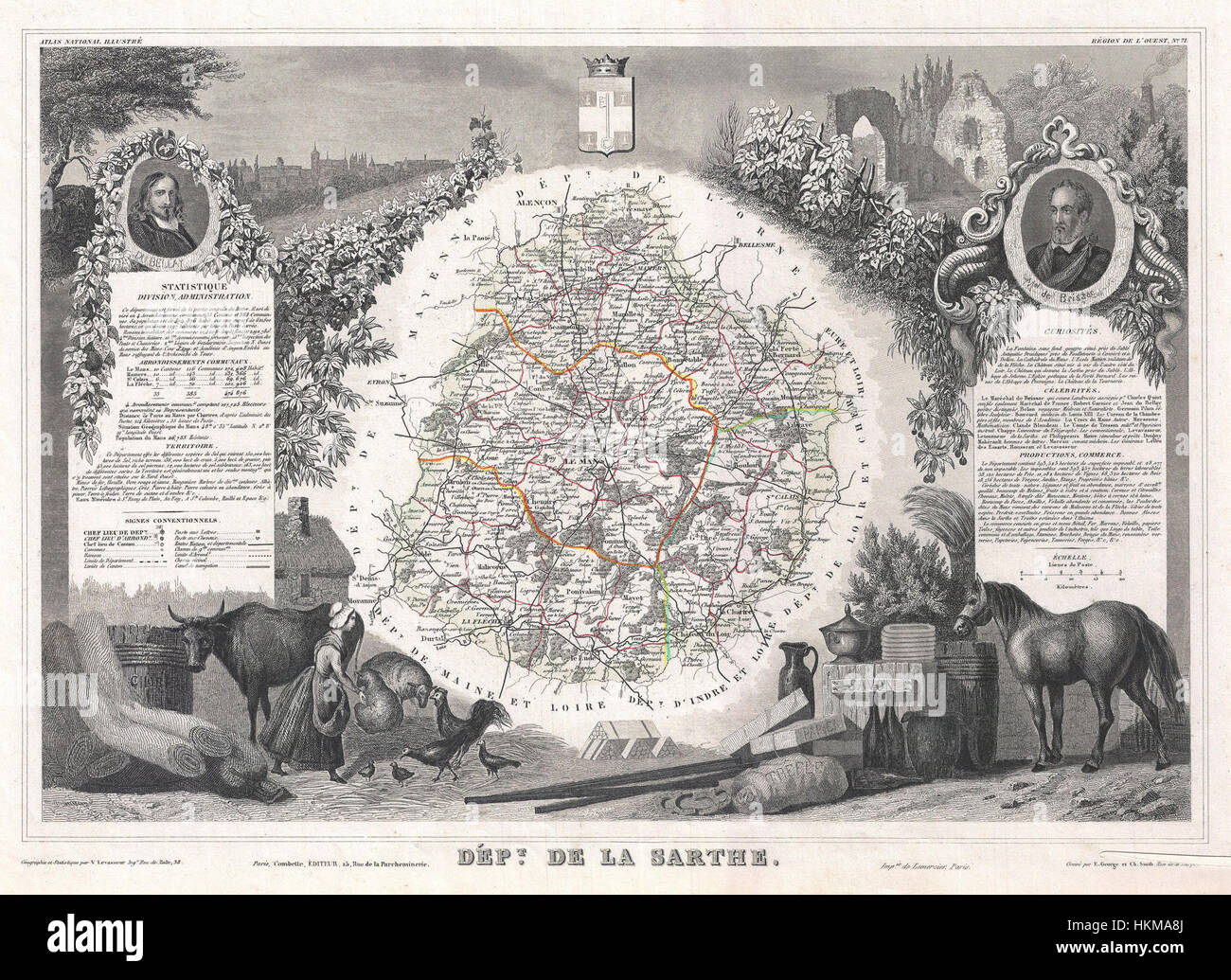 La mappa di Levasseur del 1852 del Dipartimento De la Sarthe, in Francia, è un esempio significativo della cartografia francese del XIX secolo, che offre una rappresentazione dettagliata della geografia della regione e delle aree urbane dell'epoca. Foto Stock