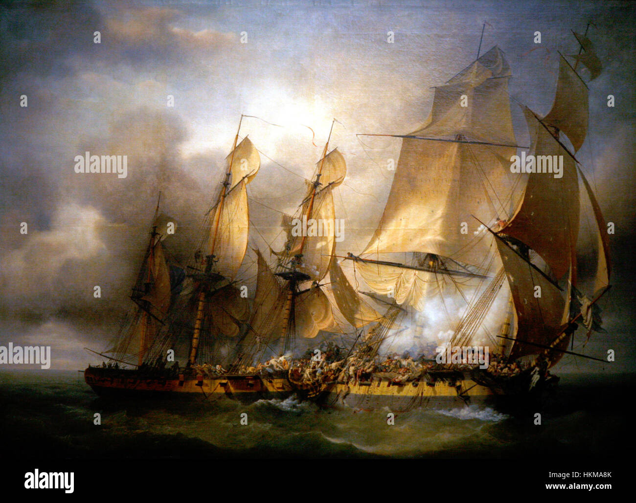 Questo dipinto navale raffigura la battaglia tra le navi francesi Bayonnaise ed Embuscade. La scena cattura l'intenso conflitto navale, con entrambe le navi impegnate in combattimento. L'opera illustra la guerra marittima dei primi anni del XIX secolo durante le guerre napoleoniche. Foto Stock