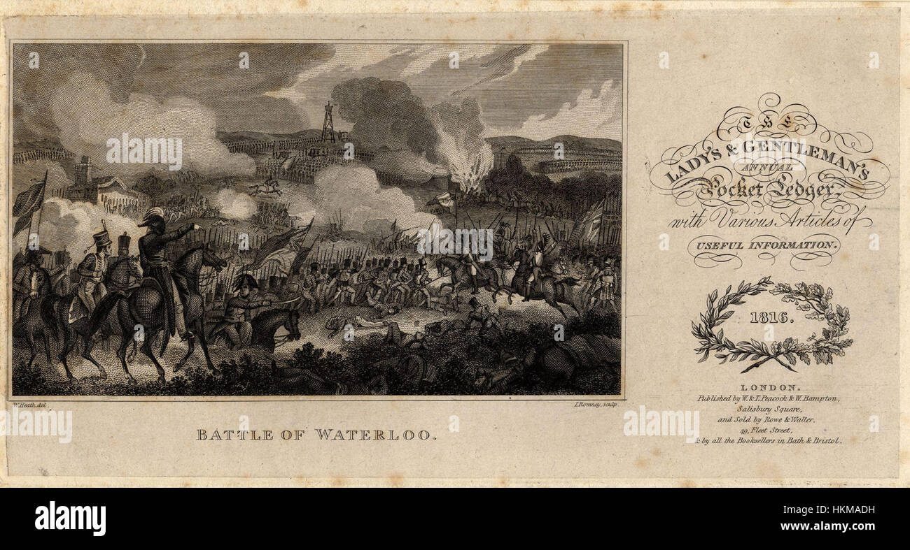La "Battaglia di Waterloo" di William Heath descrive il momento culminante della battaglia del 1815, mostrando il caos e la strategia del conflitto storico che ha segnato la sconfitta finale di Napoleone. Foto Stock