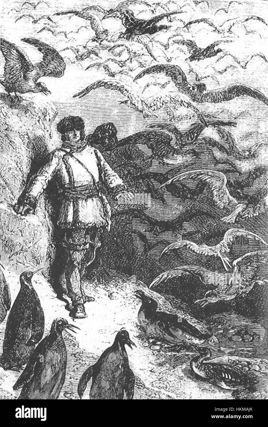 Questa illustrazione tratta da "ventimila leghe sotto il mare" di Jules Verne, creata dagli artisti Neuville e Riou, raffigura il sottomarino del capitano Nemo, il Nautilus, che esplora le profondità dell'oceano. L'opera fa parte di una serie di immagini dettagliate che danno vita al romanzo di fantascienza con vivide rappresentazioni dell'esplorazione subacquea. Foto Stock