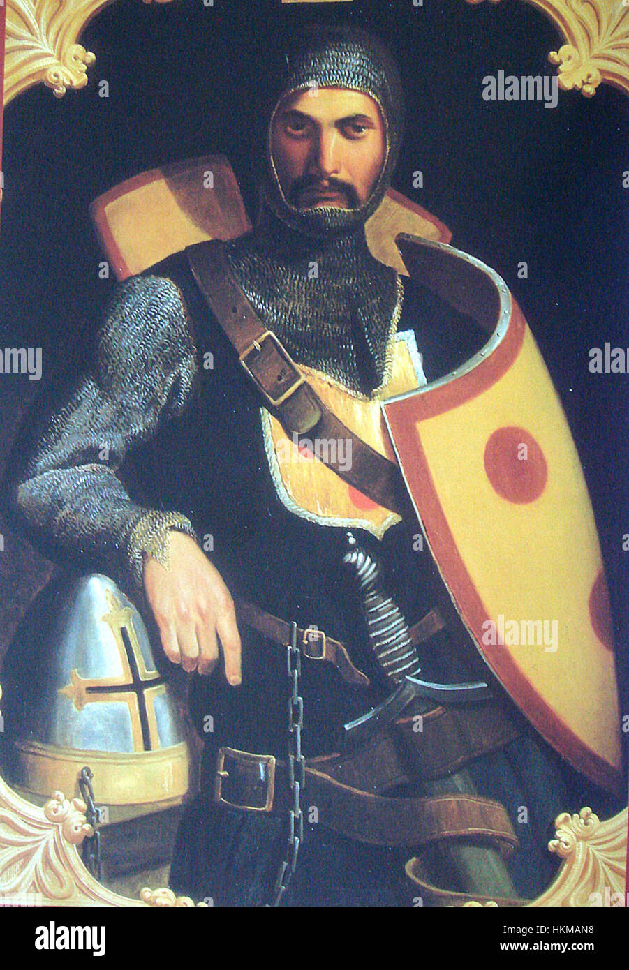 Il ritratto di Baldovino di Bourcq, un'importante figura storica, cattura l'essenza della ritrattistica medievale. Questo dipinto fornisce una rappresentazione visiva del suo ruolo nella storia, riflettendo l'abbigliamento e il comportamento del periodo. Foto Stock