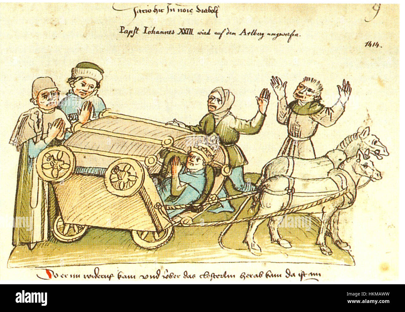 Questo dipinto raffigura l'incidente che ha coinvolto Papa Giovanni XXIII al passo di Arlberg. La scena cattura il momento dell'incidente, riflettendo l'impatto di questo evento sulla percezione del Papa da parte del pubblico. Foto Stock