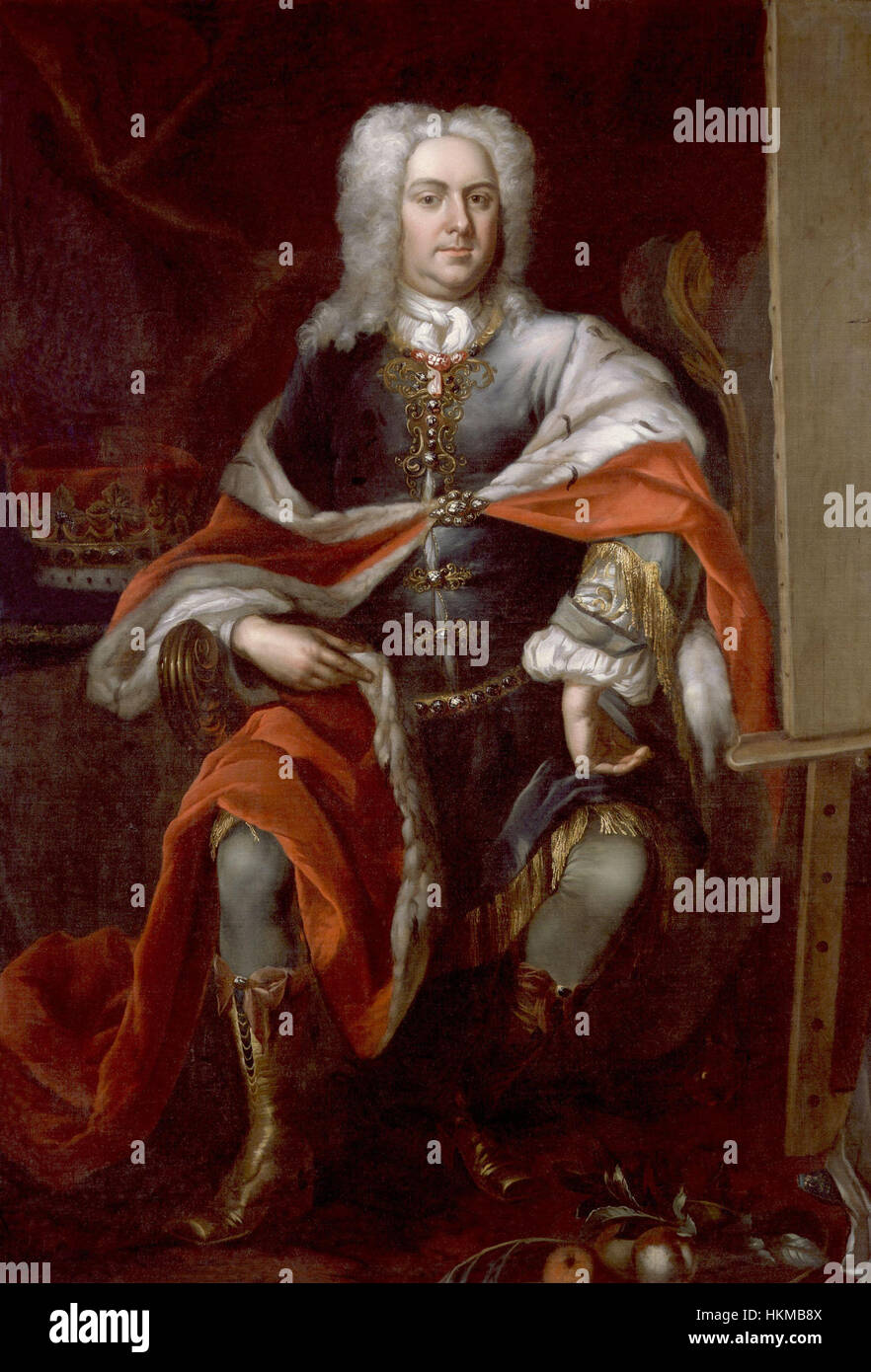 Questo ritratto del XVIII secolo di James Brydges, i duca di Chandos, di Herman van der Myn, cattura l'eleganza aristocratica del periodo. Il ritratto enfatizza la moda e lo status della nobiltà britannica in epoca georgiana. Foto Stock