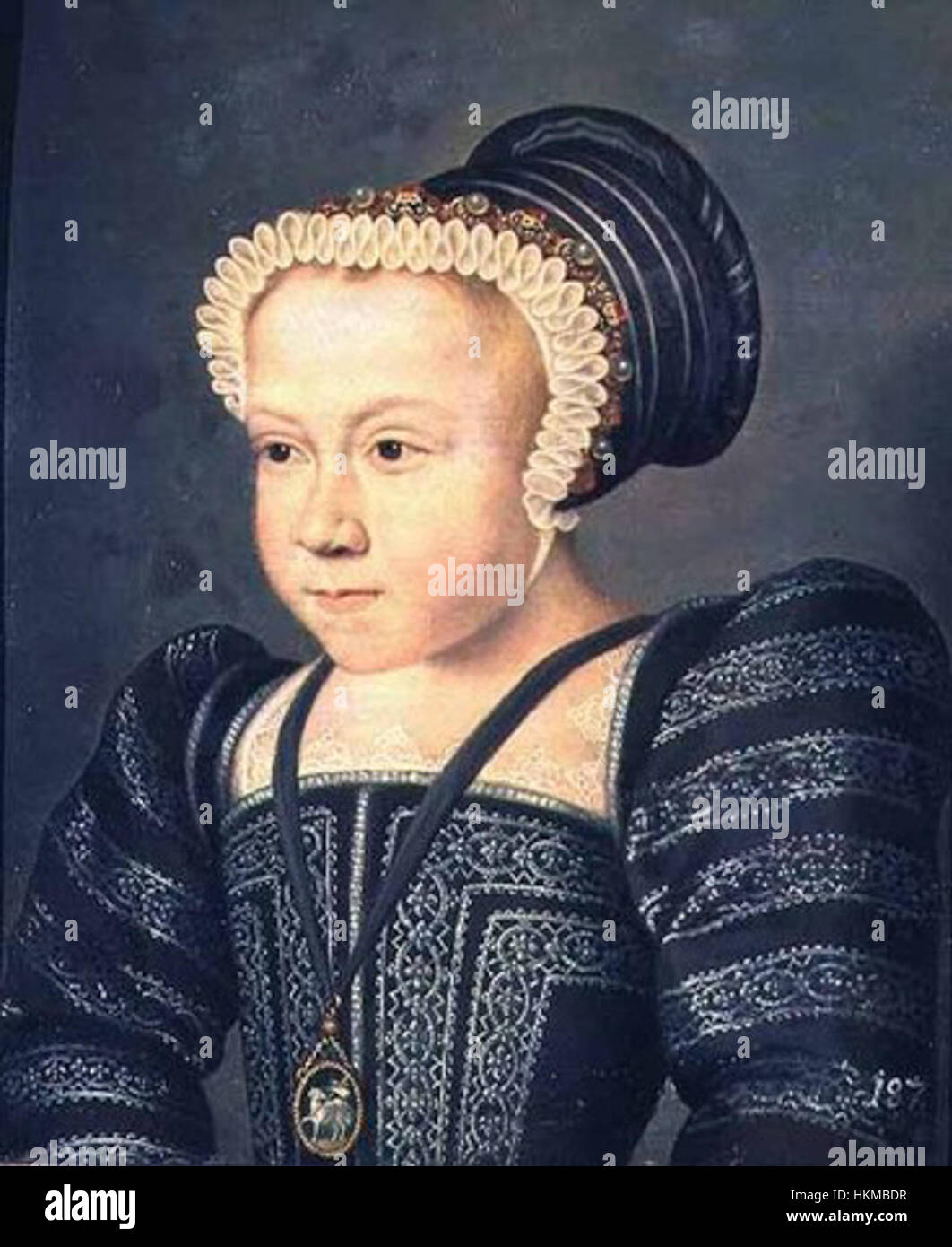 Questo ritratto di Maria Elisabetta di Valois è una rappresentazione della reale francese, che mostra l'eleganza e la regalità della nobildonna. Il dipinto riflette la moda e la vita cortese del suo tempo durante il XVI secolo. Foto Stock