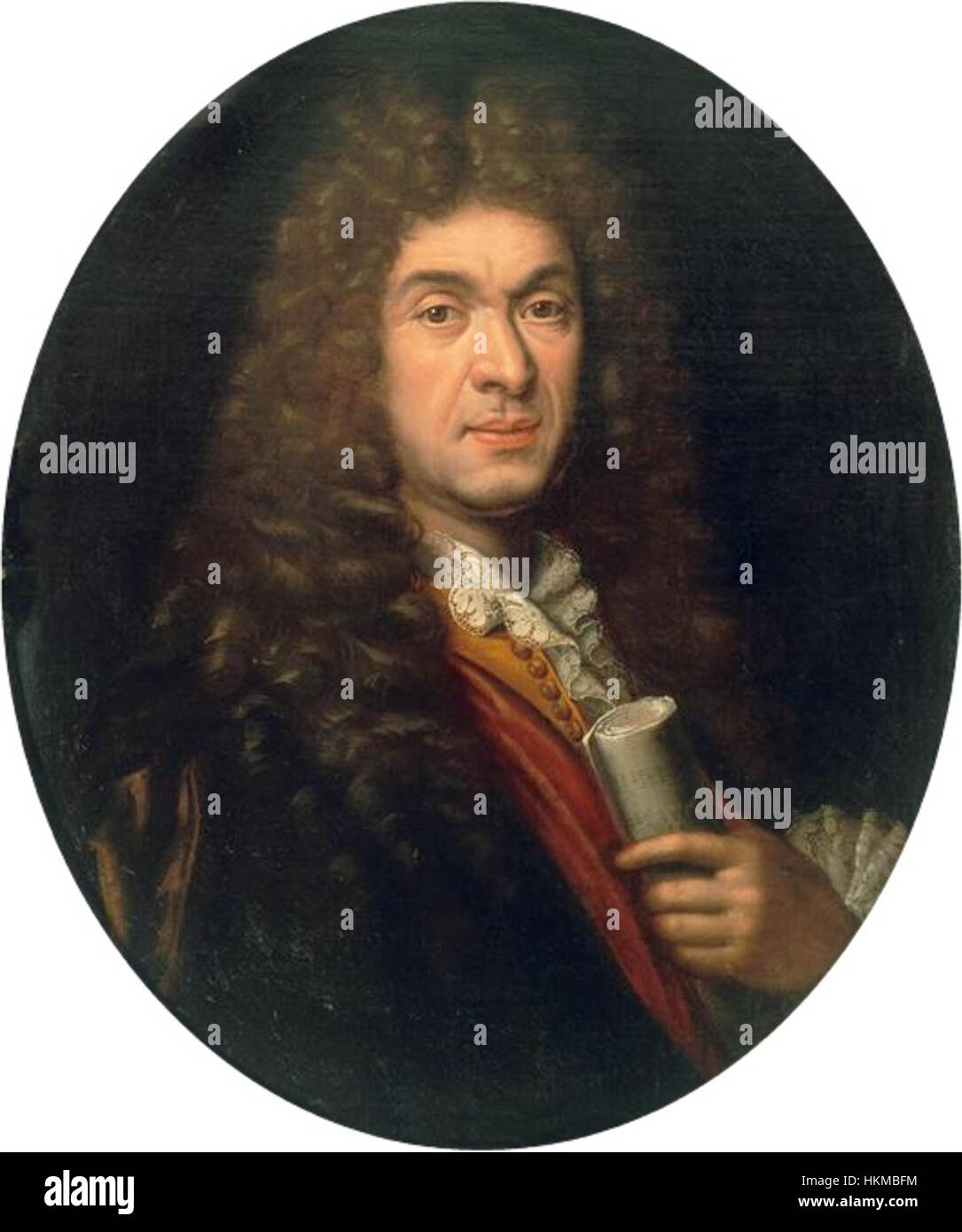 Questa opera d'arte presenta Jean-Baptiste Lully, un compositore e musicista del periodo barocco francese, raffigurato insieme a Nicolas Mignard, un abile artista dell'epoca. Il dipinto rappresenta l'intersezione tra musica e arti visive nel XVII secolo. Foto Stock