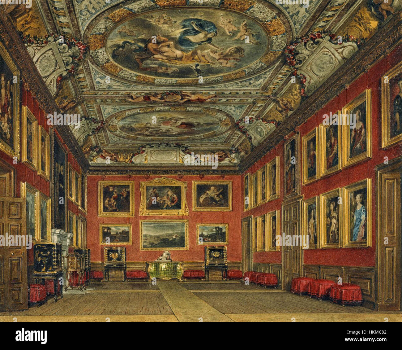 Il dipinto di James Stephanoff del 1818 della camera di Stato della Regina del Castello di Windsor cattura la grandezza e l'eleganza della residenza reale. Il dipinto riflette l'opulenza della monarchia britannica all'inizio del XIX secolo. Foto Stock