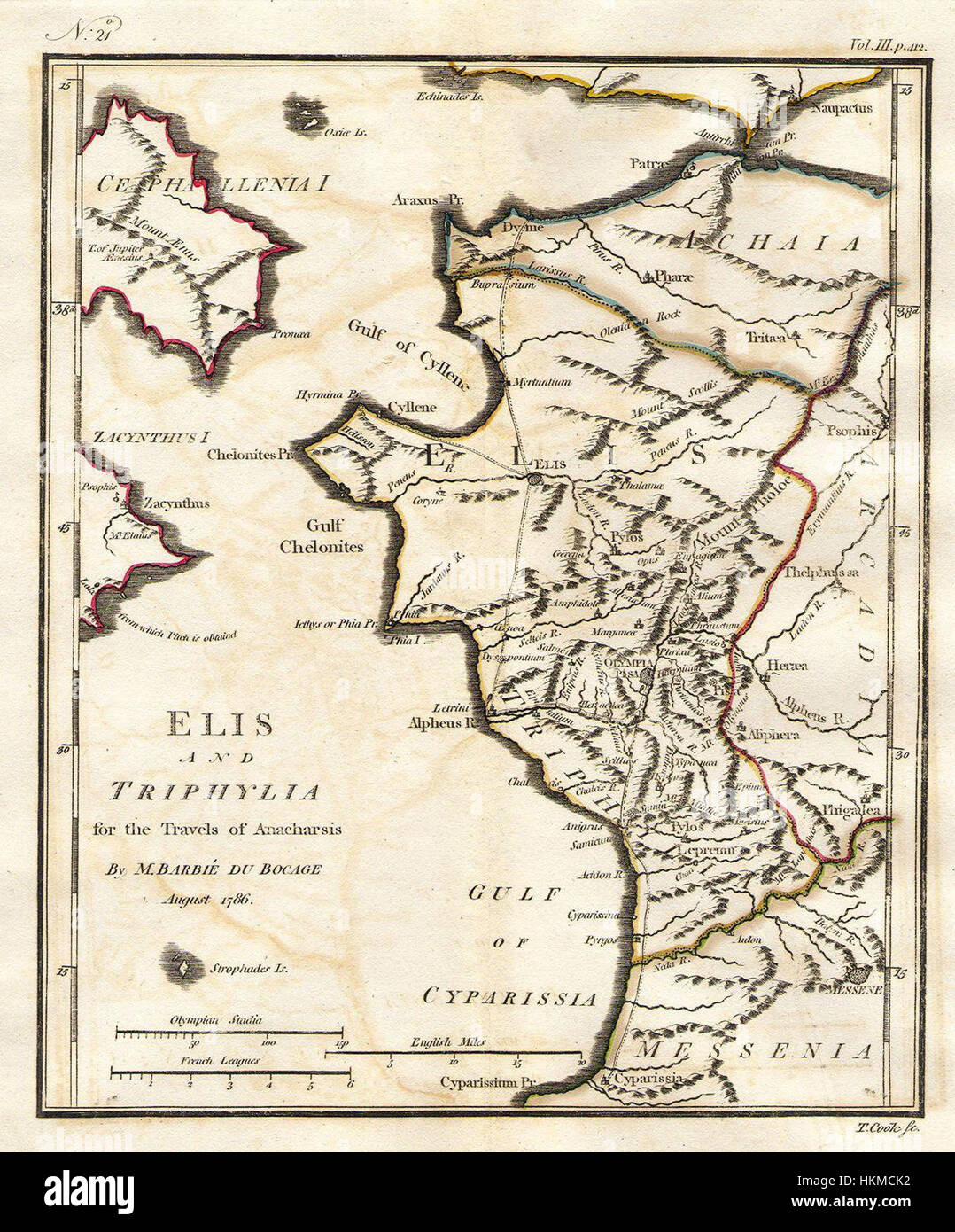 Questa mappa del 1786 di Bocage raffigura le antiche regioni di Elide e Trifilia in Grecia, tra cui Olimpia, sede dei primi Giochi Olimpici. La mappa offre una visione storica della disposizione geografica di questi antichi territori greci. Foto Stock