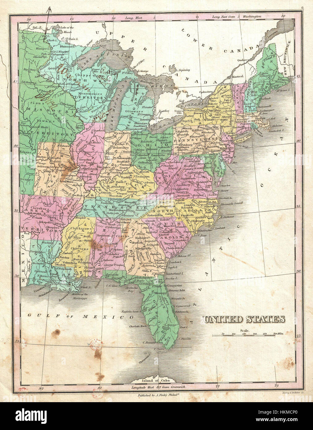 Questa mappa del 1827 di Finley offre una vista dettagliata degli Stati Uniti durante l'inizio del XIX secolo, mostrando i confini politici e le caratteristiche geografiche dell'epoca. Foto Stock