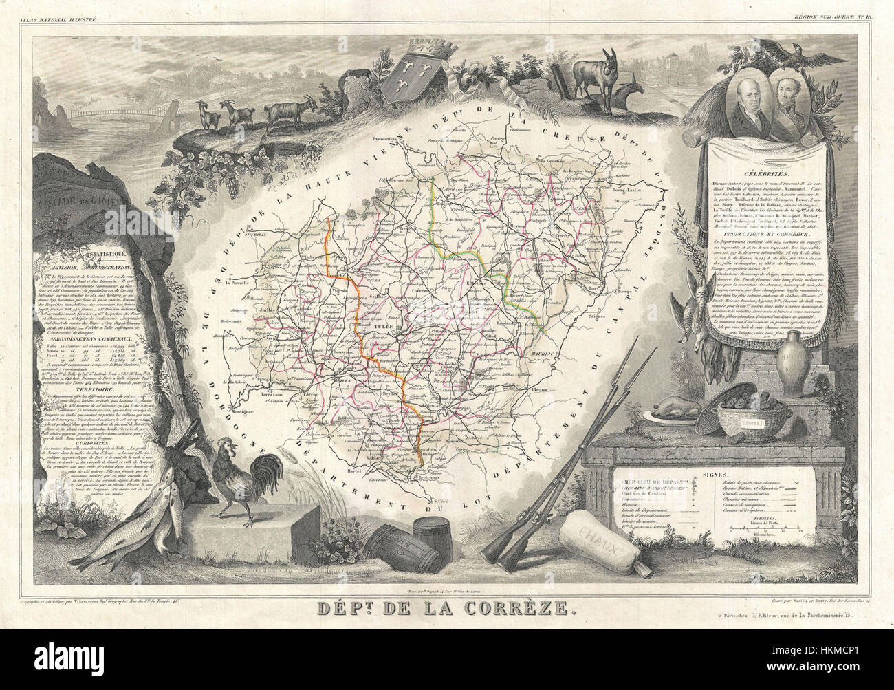 1852 Levasseur mappa del dipartimento Correze, Francia (Paglia vino regione) - Geographicus - Correze-levasseur-1852 Foto Stock