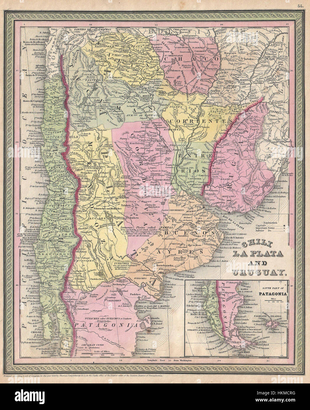 Questa mappa del 1853 di Mitchell descrive in dettaglio Argentina, Uruguay e Cile, fornendo un'istantanea storica della geografia sudamericana a metà del XIX secolo. Foto Stock