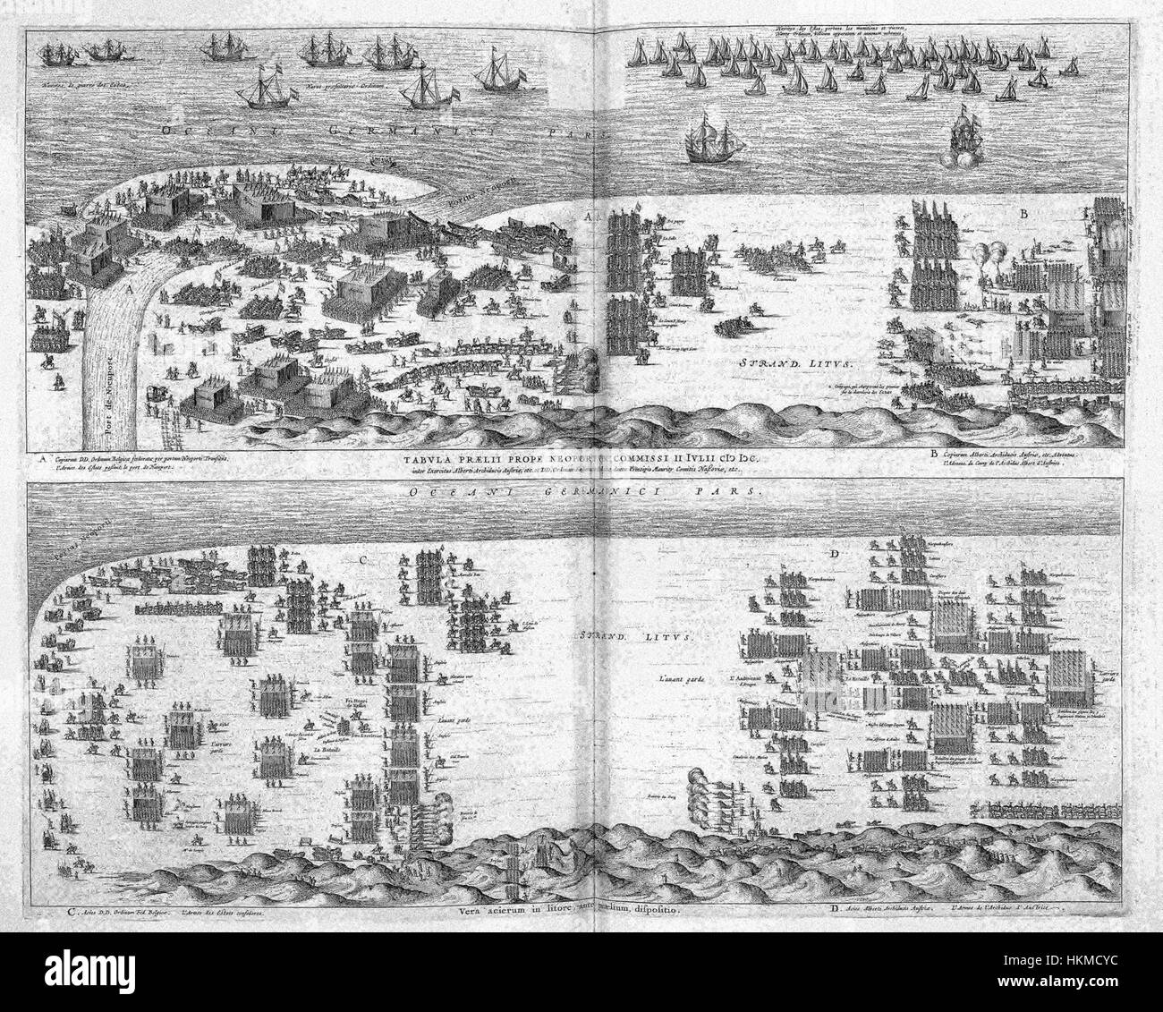 Una mappa storica del XVII secolo di Atlas Beudeker, raffigurante una battaglia navale nei pressi di Neoprtum. Il disegno dettagliato mostra la strategia militare, la topografia e la guerra marittima dell'epoca. Un importante manufatto storico che illustra l'impegno militare del XVII secolo. Foto Stock