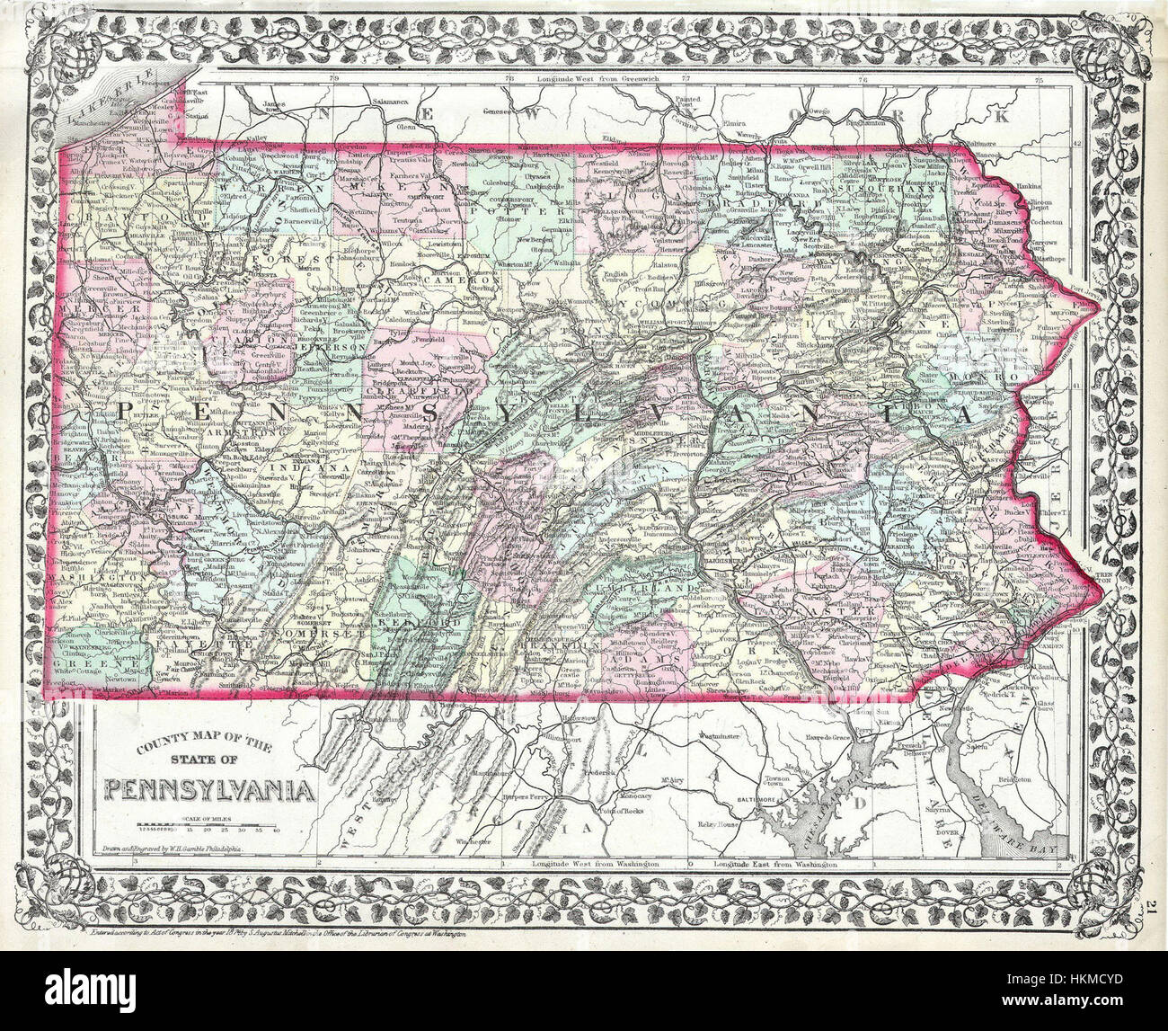 La Mitchell Map of Pennsylvania del 1874 offre una rappresentazione dettagliata dello stato durante la fine del XIX secolo. Questa antica mappa, progettata da S. A. Mitchell, mostra contee, città e caratteristiche geografiche chiave, fornendo una prospettiva storica sullo sviluppo della Pennsylvania. È un prezioso manufatto per collezionisti e appassionati di storia. Foto Stock