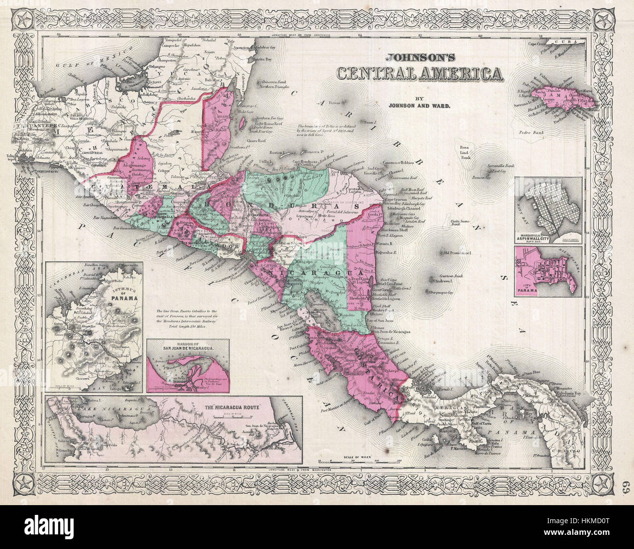 La Johnson Map of Central America del 1866 fornisce una visione dettagliata della geografia della regione durante il XIX secolo, illustrando i confini politici, le caratteristiche naturali e le posizioni chiave dell'America centrale all'epoca. Foto Stock