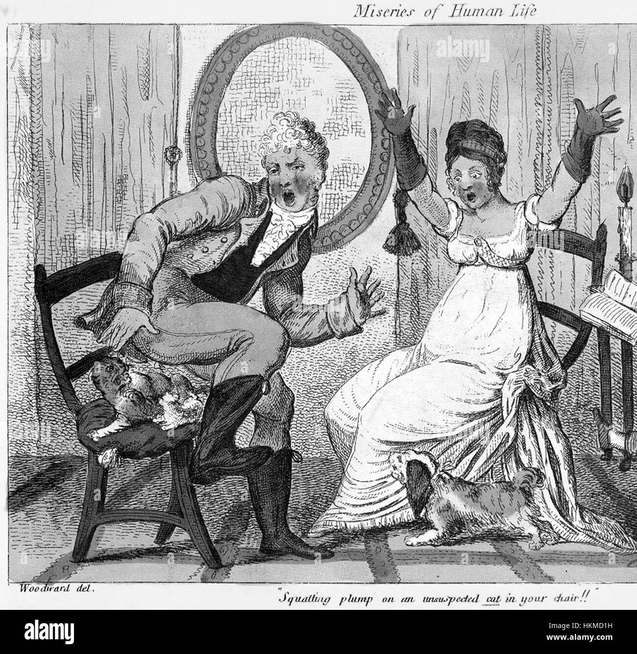 *1808 Misery's Life Catsitting* di George Cruikshank illustra le prove umoristiche del gatto seduto all'inizio del XIX secolo in Gran Bretagna. Questo disegno satirico riflette le lotte quotidiane e gli elementi comici della vita domestica nella società vittoriana. Foto Stock