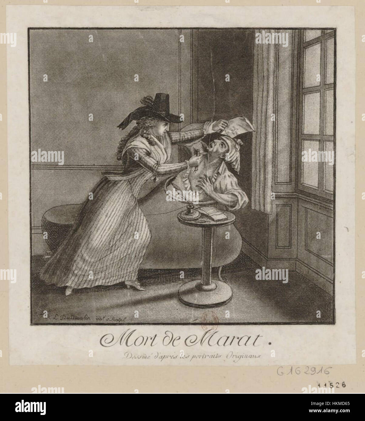 Mort de Marat di a L Dumoulin (morte di Marat) ritrae l'assassinio di Jean-Paul Marat, un evento chiave durante la Rivoluzione francese. La composizione drammatica evidenzia l'intensità di questo momento nella storia rivoluzionaria. Foto Stock