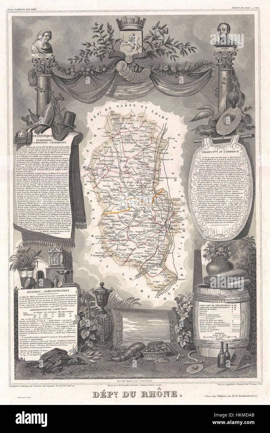 Questa mappa di Levasseur del 1852 del dipartimento Du Rhone, Francia, evidenzia la regione vinicola del Beaujolais. Fornisce una panoramica geografica dettagliata della zona, che mostra le importanti zone di produzione vinicola della regione. Foto Stock