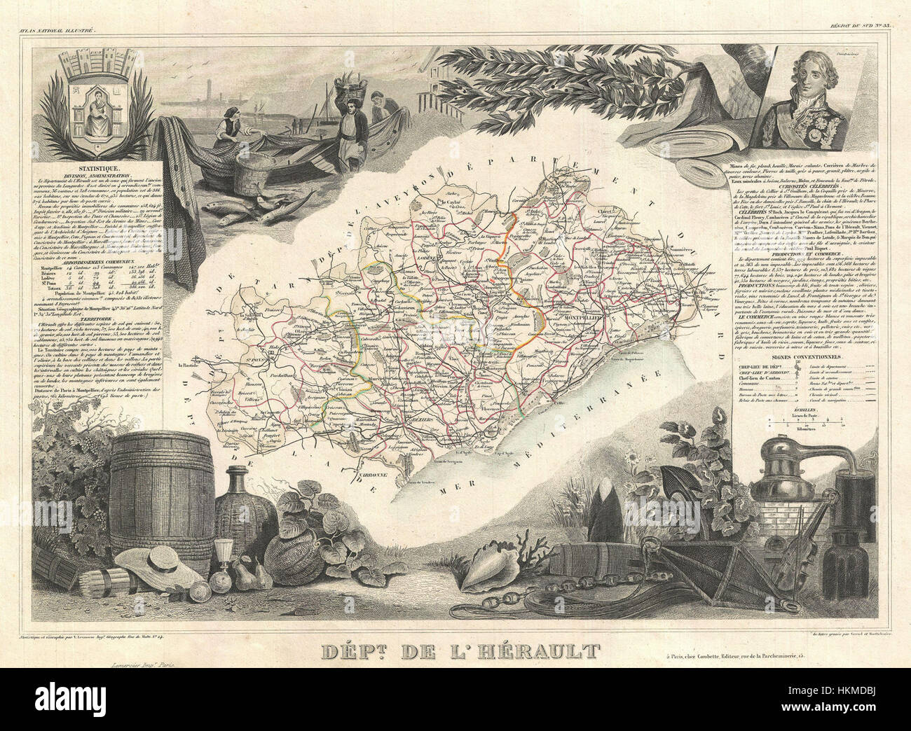La mappa di Levasseur del 1852 del Department de l'Herault evidenzia la regione vinicola della Linguadoca nel sud della Francia, offrendo caratteristiche geografiche e confini dettagliati. Questa mappa è un importante documento storico, che mostra lo sviluppo della regione a metà del XIX secolo. Foto Stock