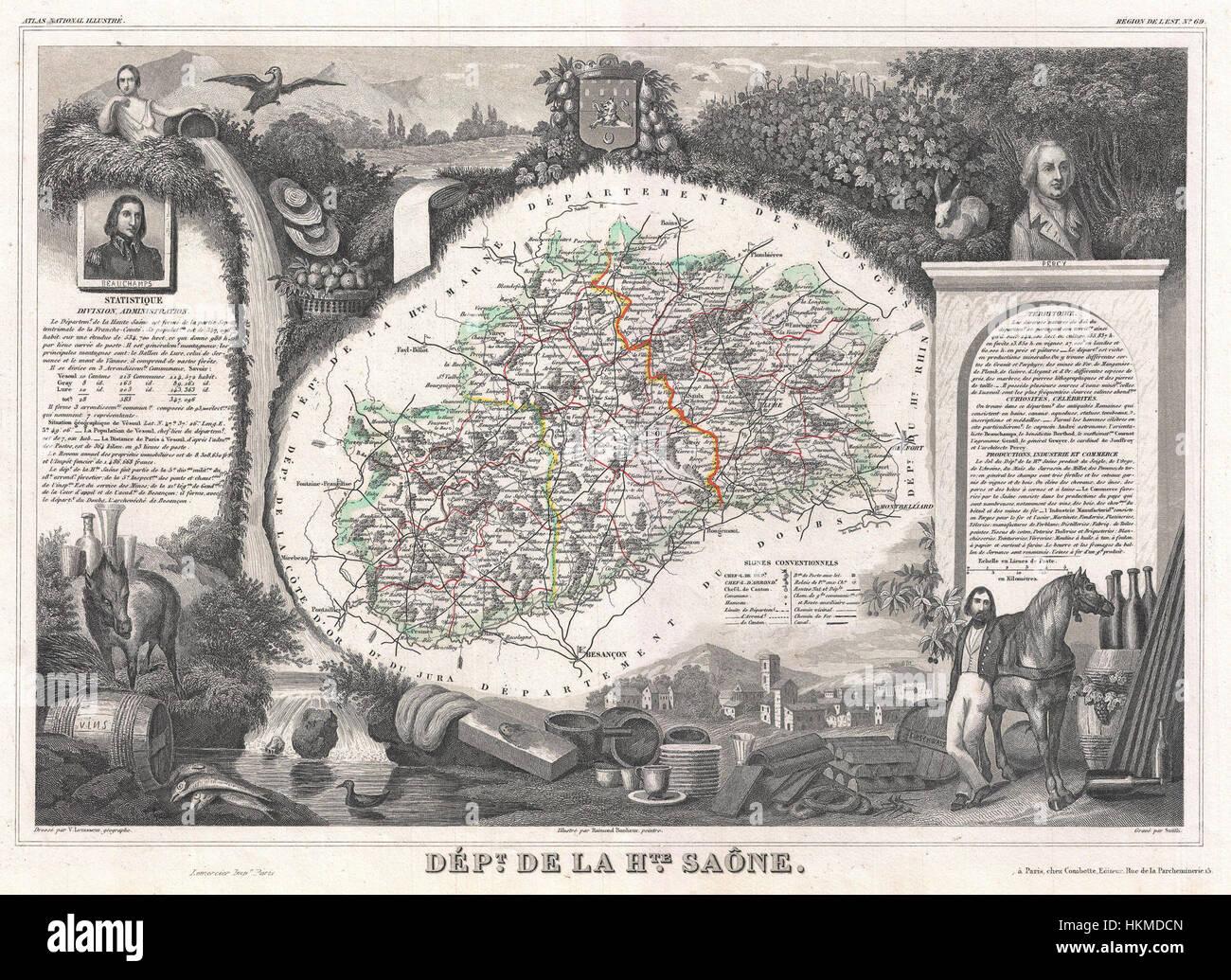Questa mappa del 1852 di Levasseur raffigura il Department de la Haute-Saône in Francia, parte della regione vinicola della Borgogna. Offre una visione dettagliata della geografia della zona ed è stato determinante per comprendere la topografia e i punti di riferimento della regione nel XIX secolo. Foto Stock
