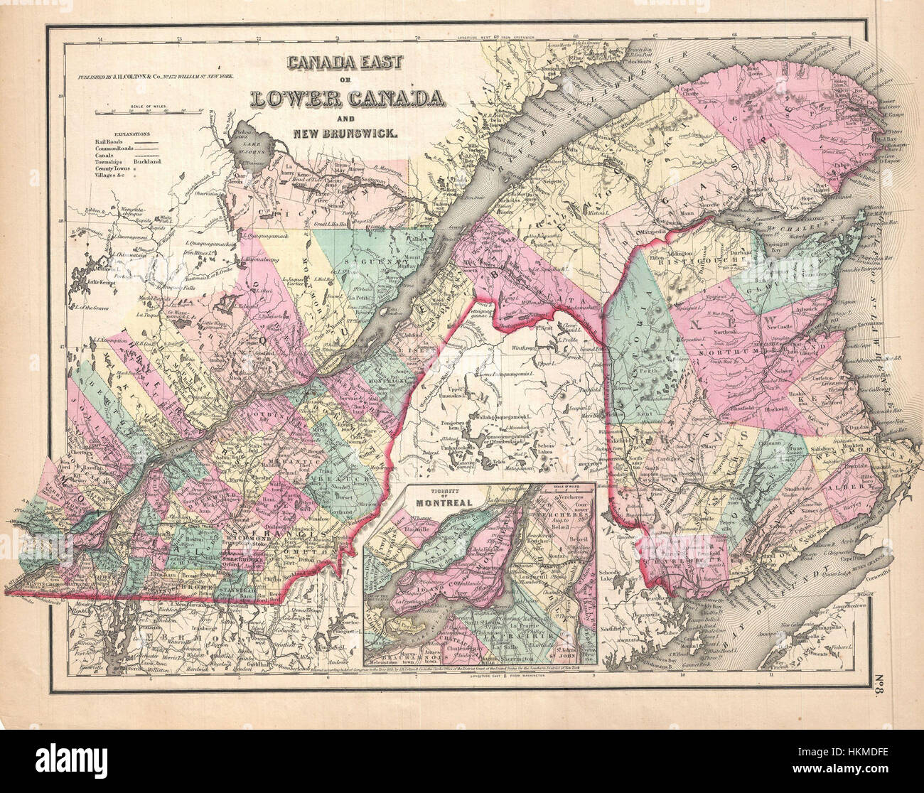 Questa mappa di Colton del 1857 fornisce una rappresentazione geografica dettagliata del Québec e del nuovo Brunswick, offrendo approfondimenti sulle pratiche cartografiche della metà del XIX secolo e sul paesaggio regionale del Canada. Foto Stock