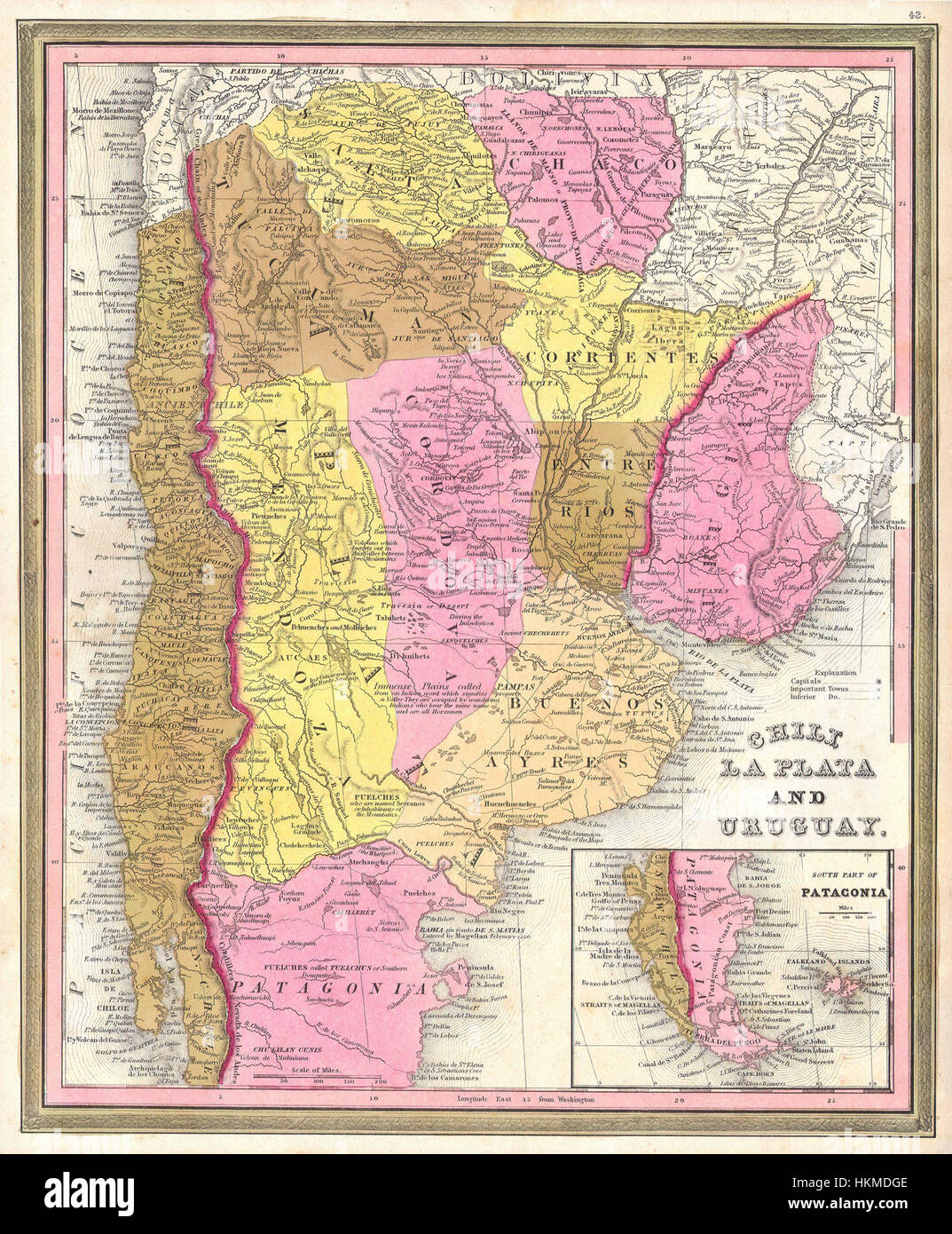 Una mappa del 1846 di Burroughs e Mitchell che descrive dettagliatamente le regioni di Argentina, Uruguay e Cile in Sud America. La mappa evidenzia le caratteristiche geografiche, i confini politici e le posizioni chiave della regione in quel momento. Foto Stock