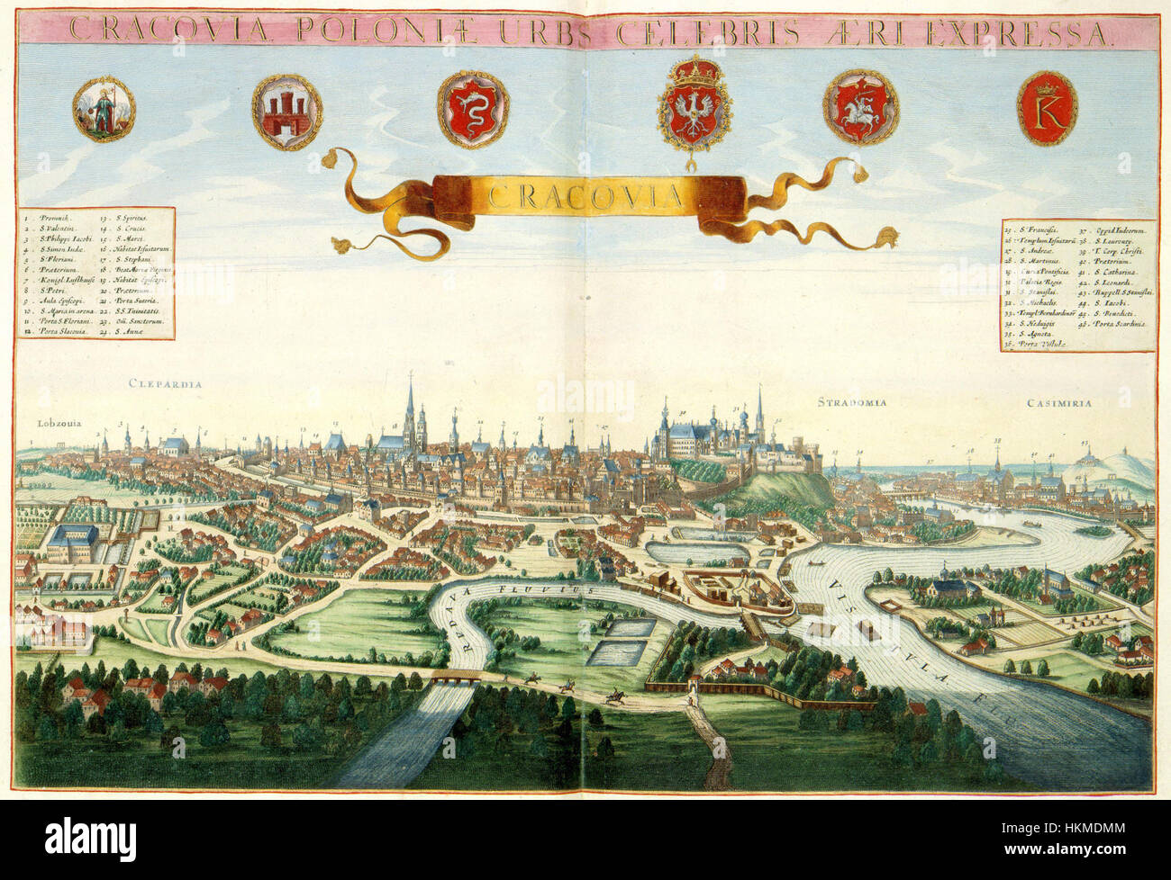 L'Atlas Van der Hagen offre una vista aerea della storica città di Cracovia (Kraków), Polonia. Questa incisione del XVII secolo mostra la grandezza architettonica della città e l'importanza nella storia della Polonia. Foto Stock