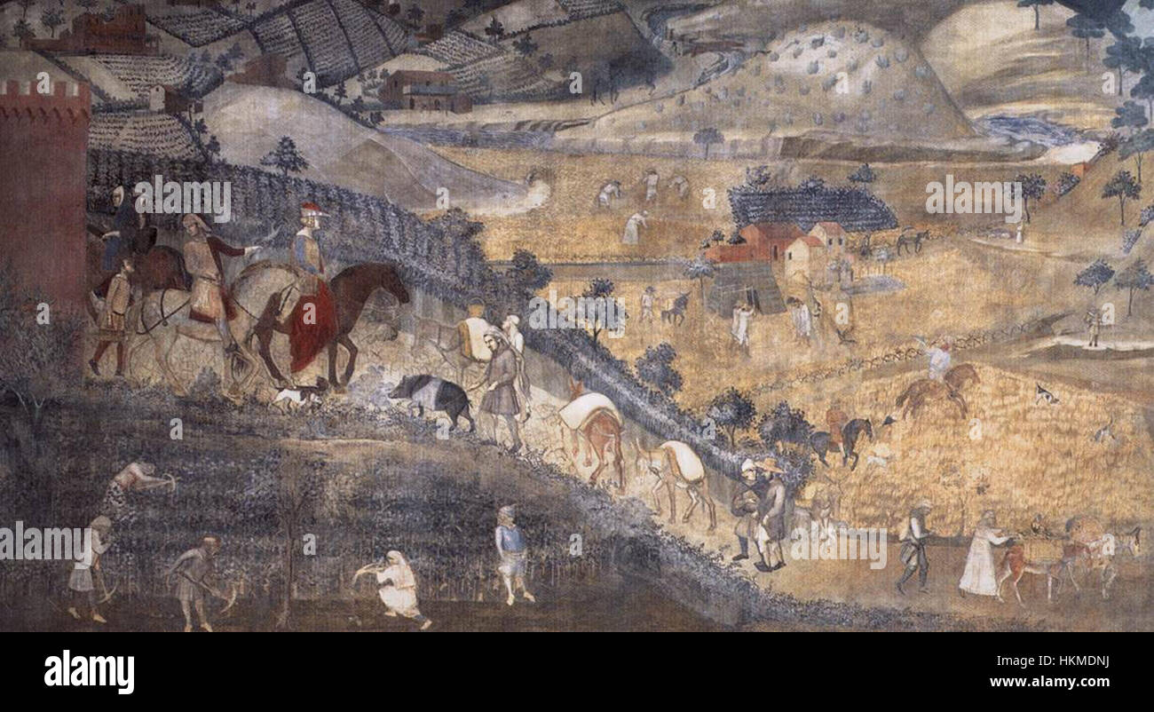 Questo dettagliato segmento di Ambrogio Lorenzetti "gli effetti del buon governo nella campagna" ritrae un paesaggio rurale prospero e pacifico, illustrando i risultati positivi di una governance saggia e giusta. L'affresco di Lorenzetti è un esempio chiave dell'arte gotica, concentrandosi su temi sociali e politici. Foto Stock