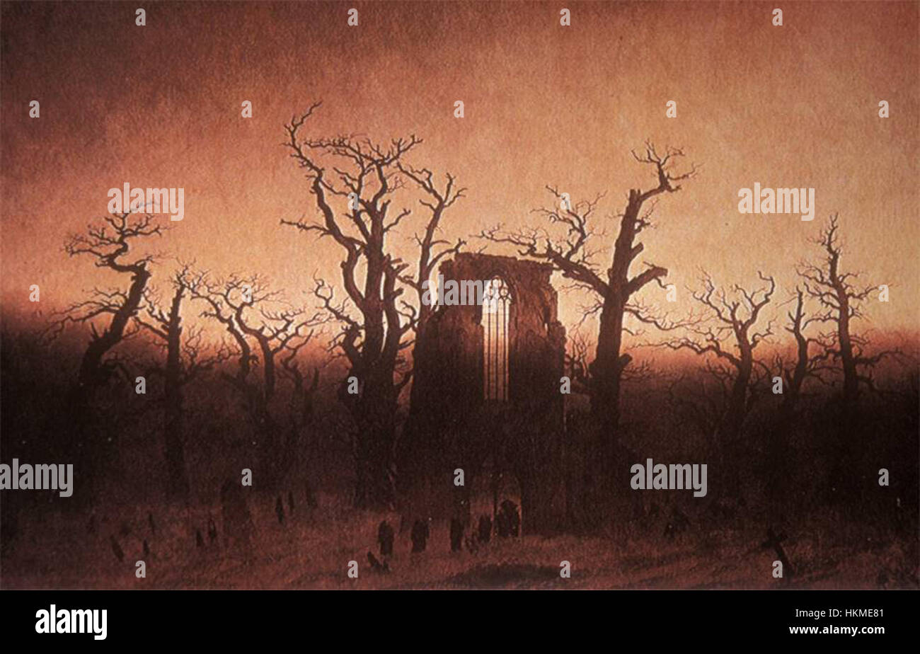 *Abbayedansunbois* è un paesaggio pittorico del XIX secolo che raffigura un'abbazia francese circondata da una fitta foresta. La scena cattura la tranquillità e la spiritualità dell'abbazia, riflettendo l'attenzione del movimento romantico del XIX secolo sulla natura e sui temi religiosi. Foto Stock