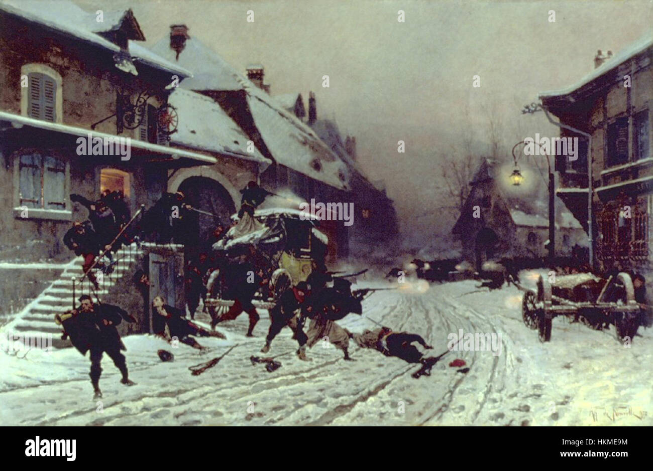 "The Attack at Dawn" di Alphonse de Neuville è un drammatico dipinto militare che raffigura una scena di battaglia al mattino presto. Questa opera d'arte mette in evidenza l'attenzione di Neuville sul realismo e l'attenzione ai dettagli. Foto Stock