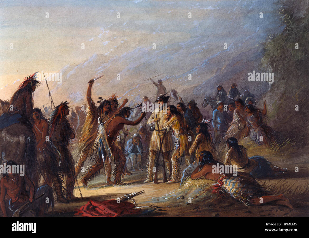 Il dipinto di Alfred Jacob Miller "Attack by Crow Indians" cattura un momento drammatico durante la frontiera americana del XIX secolo. La scena illustra il conflitto tra tribù di nativi americani e pionieri, mostrando il caratteristico stile di Miller di raffigurazione storica e piena d'azione. Foto Stock